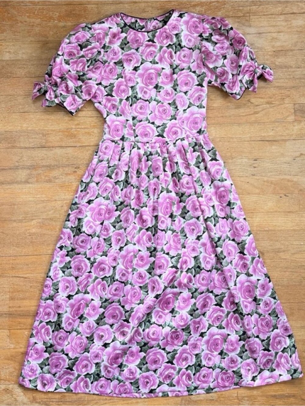 Vintage Rose Print Lanz Dress Size XS/Small 70s Pink Floral Puff Sleeve Pockets